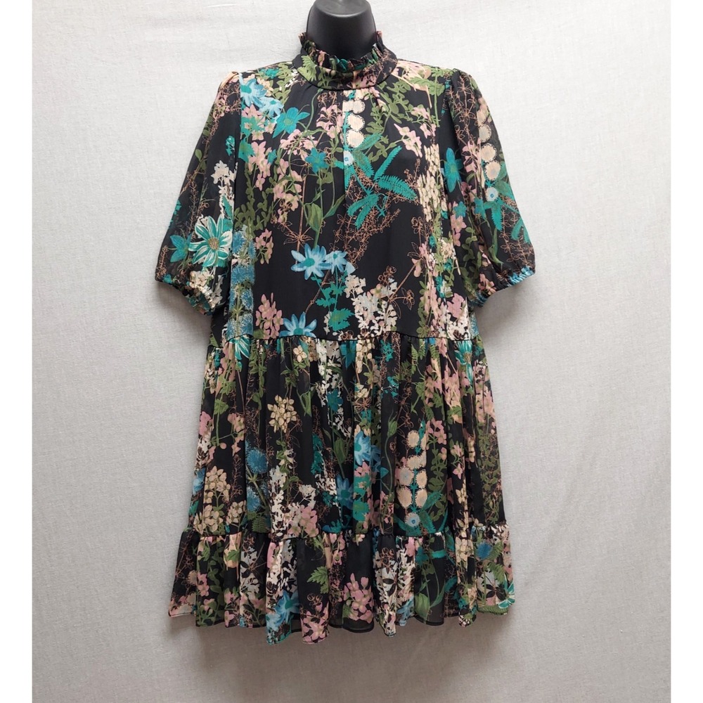 Melonie T Dress Floral Tiered Ruffle Neck Whimsigoth Fairy Goth Cottagecore M